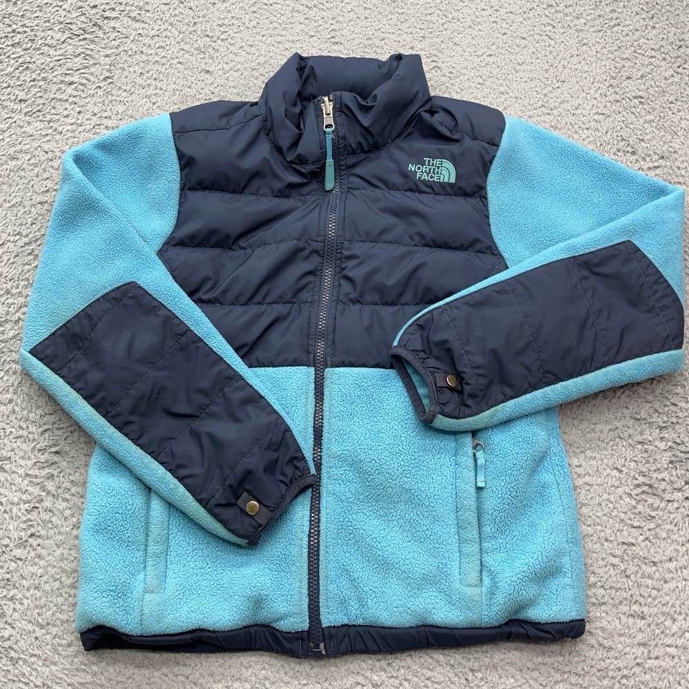 The North‎ Face 550 Denali Down Jacket Girls M (10-12) Teal Blue Fleece Full Zip